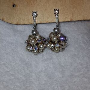Vintage Pearl And ABrhinestone Crystal Cluster Earrings